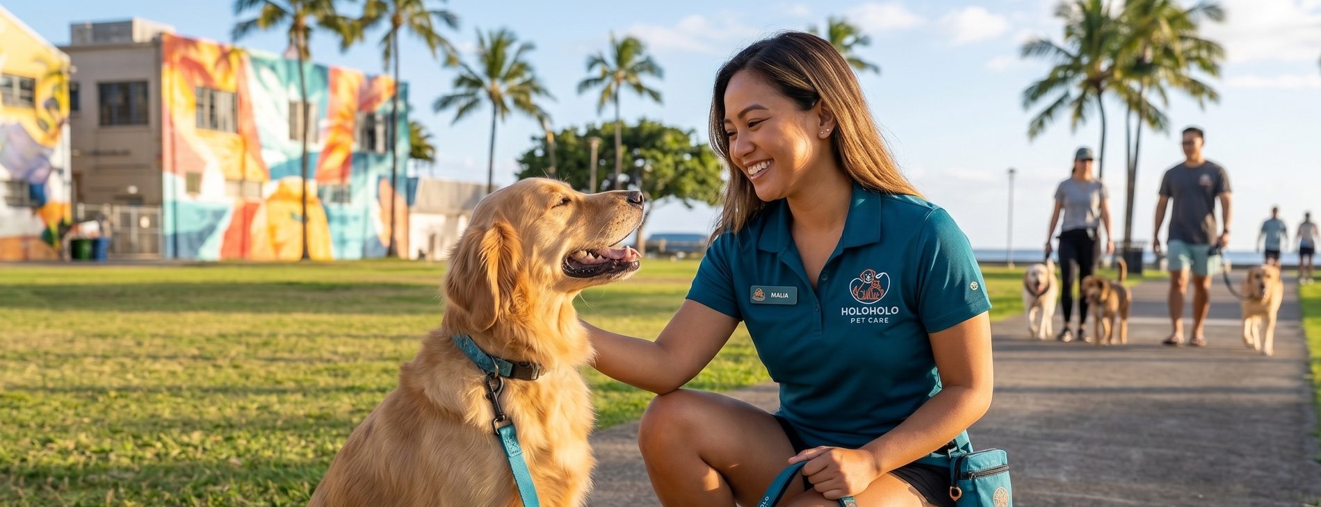 A HoloHolo walker with a golden retriever at Kakaʻako Waterfront