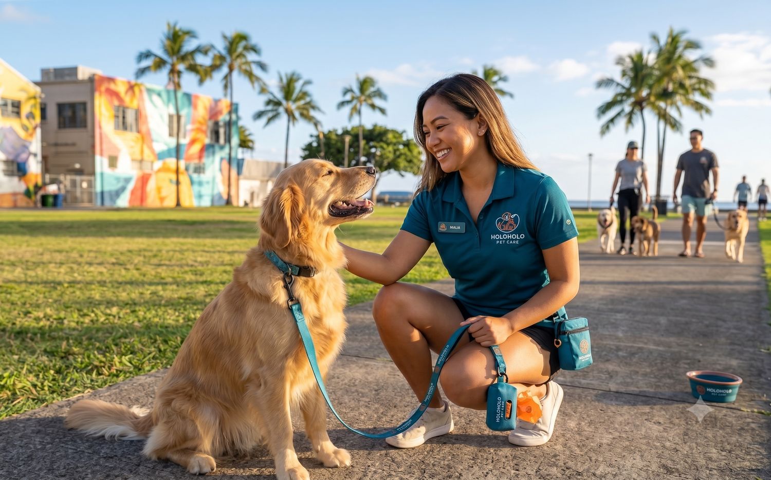 A HoloHolo walker in uniform with a golden retriever at Kakaʻako Waterfront